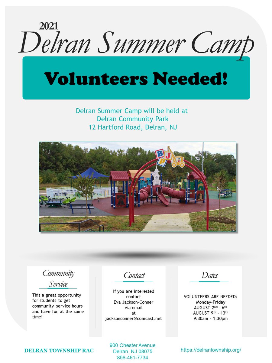 We are pleased to share that the Delran Summer Camp is happening once again this year!  Please visit forms.gle/FTStsT9S6C9bFJ… to sign your child(ren) up! 
If you are interested in volunteering for camp, please contact
Eva Jackson-Conner at jacksonconner@comcast.net
