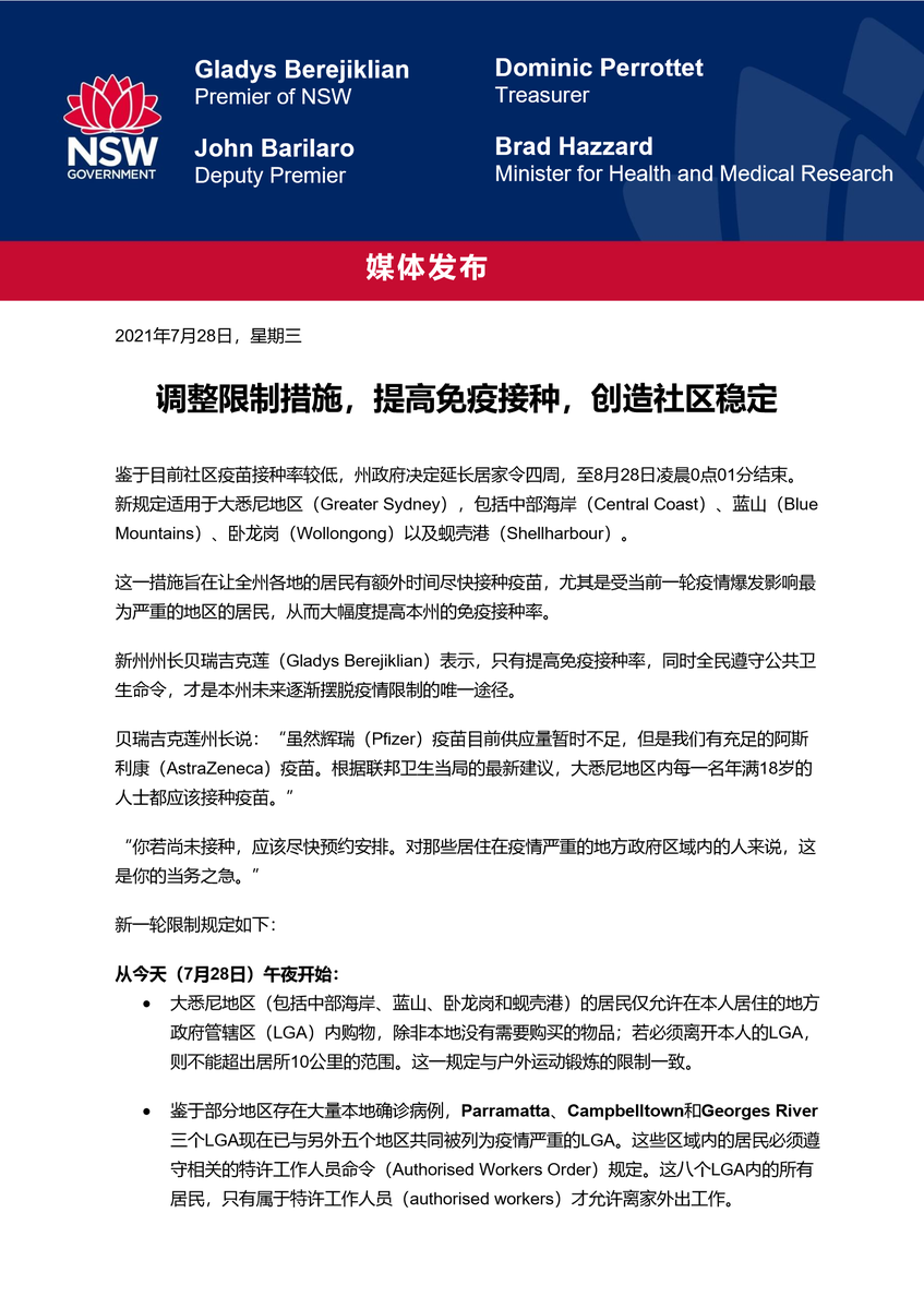 mhcsnsw's tweet photo. 📣 MEDIA RELEASE. Translations @m_culturalnsw include #ChineseSimplified:
Given low vaccination rates, the current stay at home orders will remain in place for another four weeks (until Saturday, 28 August at 12.01am). Restriction changes: https://t.co/9AyvnF8wM5 #StayHomeNSW https://t.co/KKspv54ZZW
