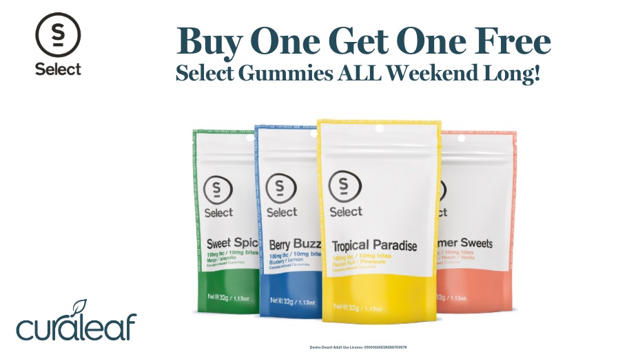 Small but mighty. Select Elite Gummies are infused with highly-concentrated broad spectrum oil and come in four, delicious, sugar coated flavors.

Buy 1 Get 1 Free Select Gummies at the link below⬇️
curaleaf.com/locations/ariz…

Devine Desert Adult Use License: 00000026ESRZ88769978