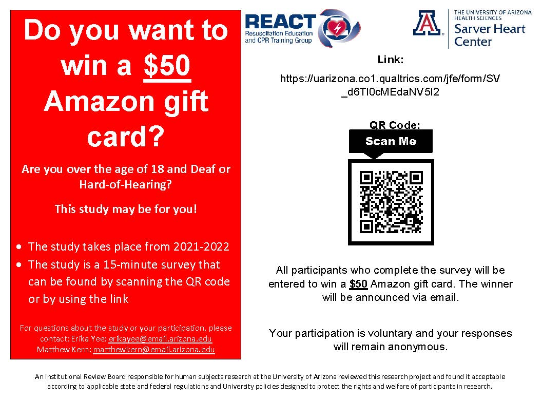 MedCats <a href="/UAZMedTucson/">UA College of Medicine – Tucson</a>, <a href="/yee_erika/">Erika Yee</a> and Matthew Kern, are recruiting participants for a research survey, "Perceptions of AEDs in the Deaf and Hard-of-Hearing Population." Are you 18 and older, deaf or hard of hearing? Use the QR code or link to learn more. bddy.me/3i9mHkE