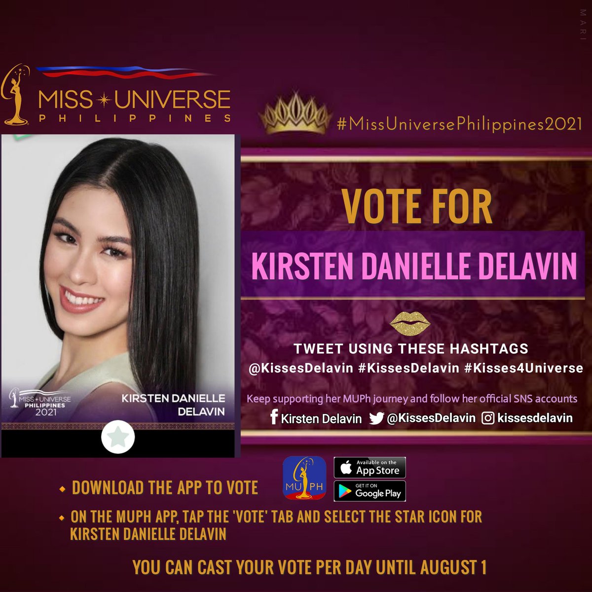 KissesInfinity_'s tweet photo. Day 4 Attendance Check:
VOTE FOR KIRSTEN DANIELLE DELAVIN

have you cast your vote for today? 

Vote: MUPh App
1 vote per day for each app user.

@KissesDelavin

#MissUniversePhilippines2021
#KissesDelavin #Kisses4Universe https://t.co/3MYFLUUxk1