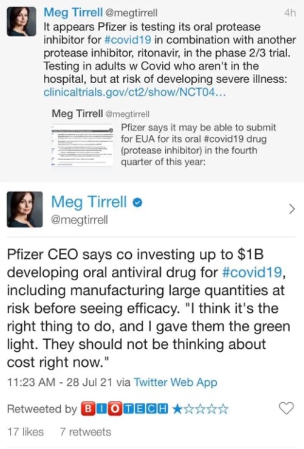 TheDalesReport's tweet photo. Bombshell tweet from @megtirrell, science/health reporter @ CNBC. She tweets Pfizer is sinking $1B into developing an antiviral drug for #COVID19 *BEFORE* seeing efficacy. FDA is opening the 🚪 for oral-based solutions. *If* $RVV $RVVTF's Phase 3 Bucillamine endpoints meet... 💥 https://t.co/pXrTB5rVP3
