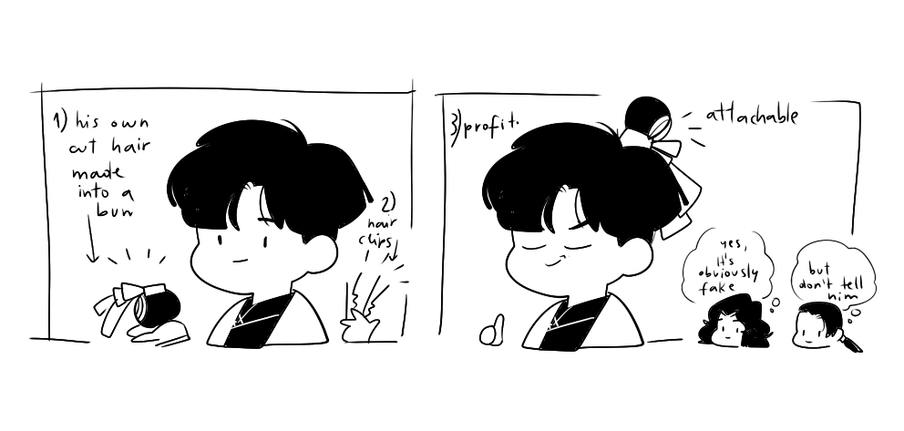 i like the comments about sy's short hair in the recent au (yep,i knew about the implications and it was a very conscious choice ^^) Mostly he wanders around like that as he please, but when he wants to go "unnoticed"...his peak clownery activates. 