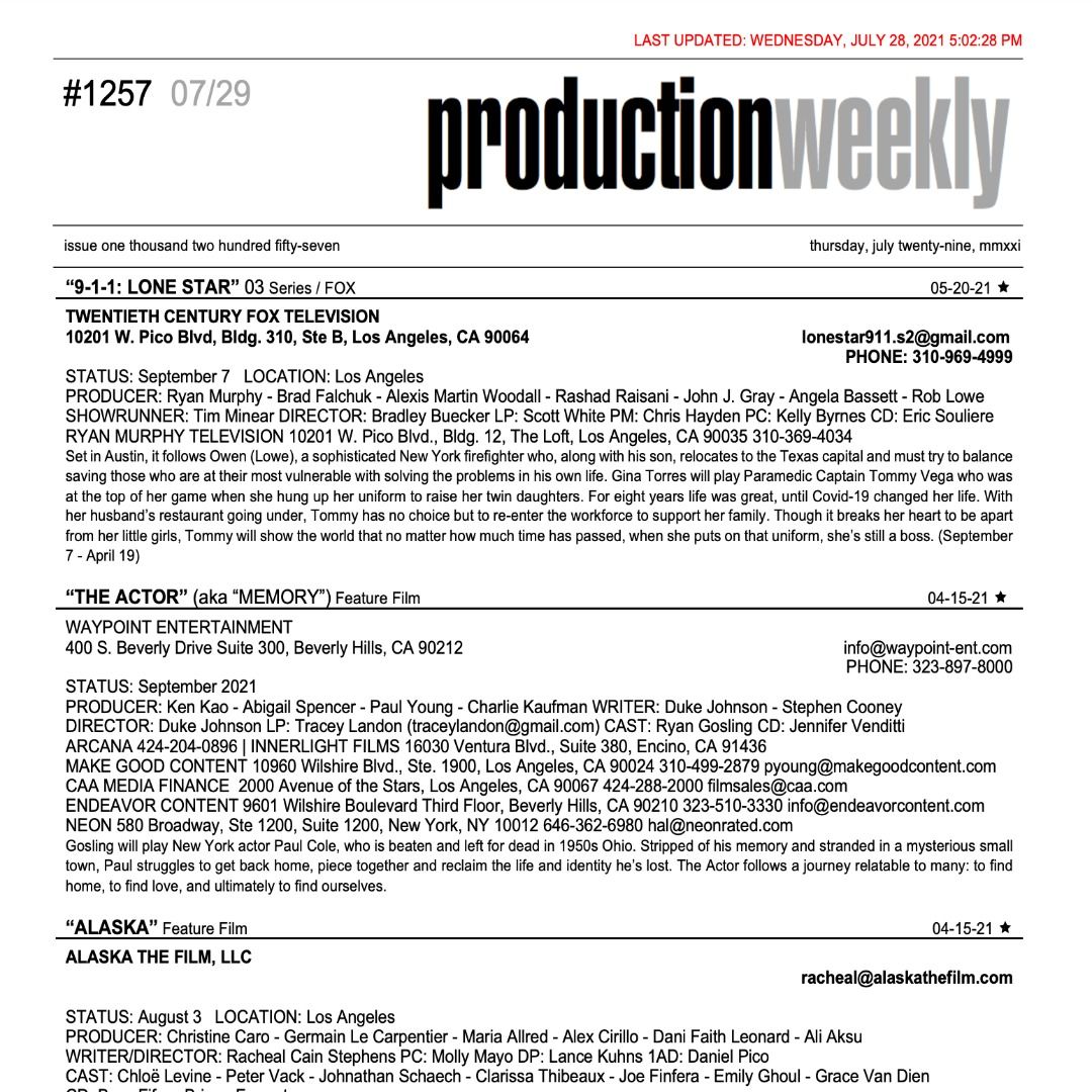 #RT <a href="/prodweek/">Production Weekly</a>: Production Weekly - Issue 1257 - Thursday, July 29, 2021 / 139 Listings - 32 Pages - Production Weekly buff.ly/2ViIblY