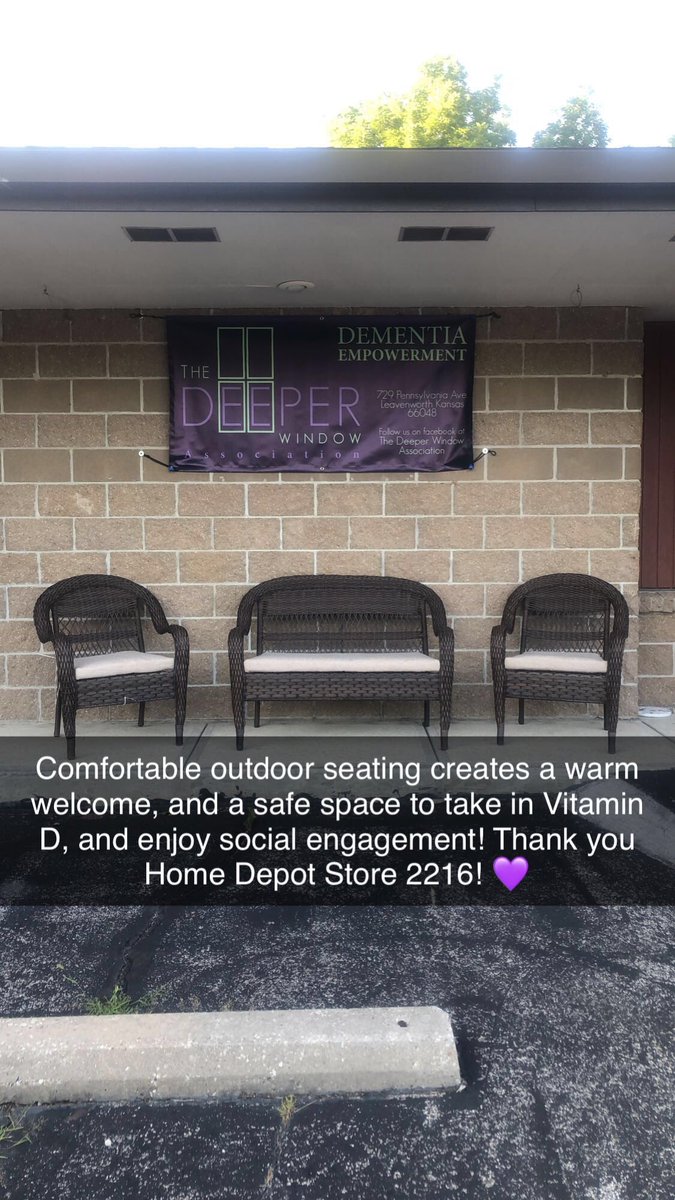 DeeperWindow's tweet photo. @Jessica Lowery @Teresa Hancock @Devan Myers. Shout out to@Home Depot Store 2216 Leavenworth  for supporting families living with dementia! This outdoor seating is perfect for our participants to socialize and enjoy the outdoors. https://t.co/tKG6EYK1sC