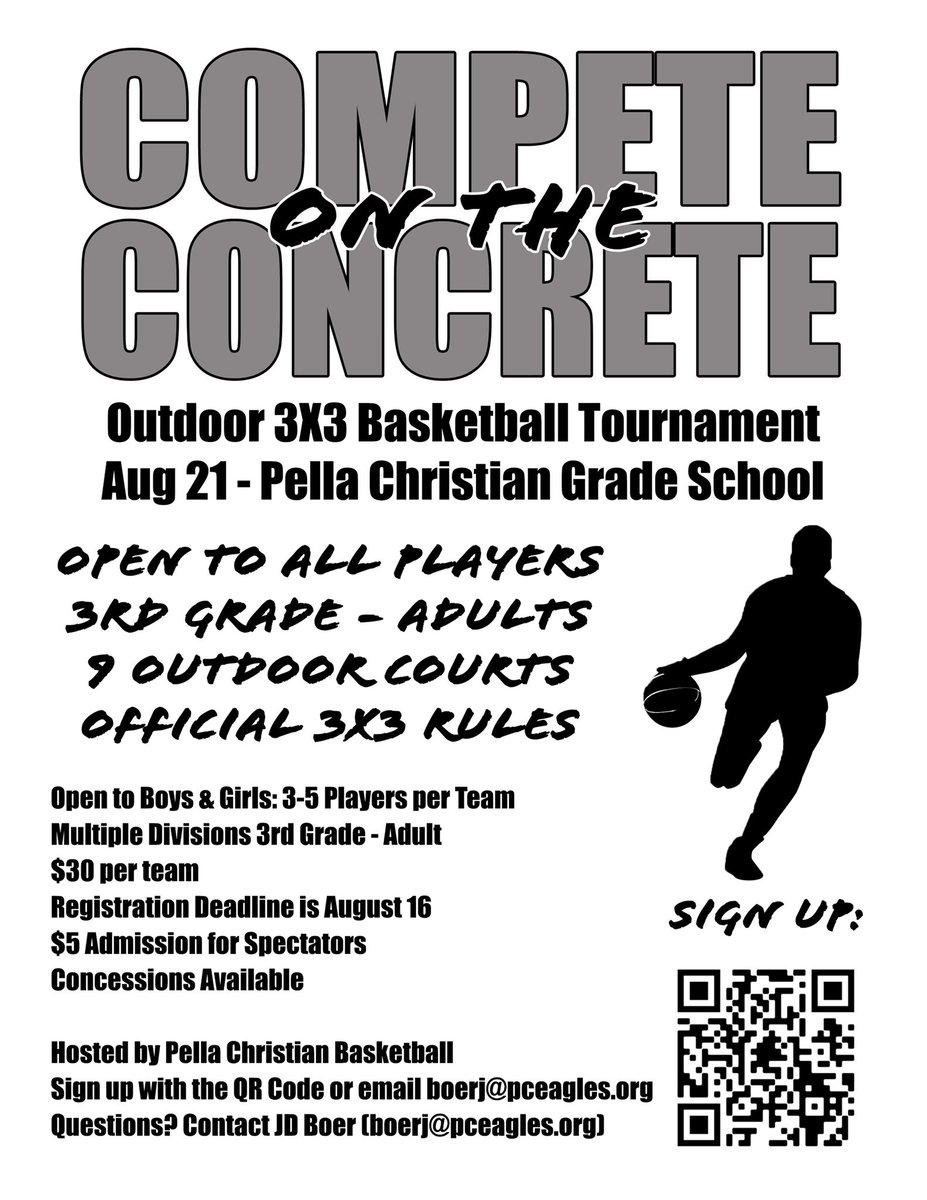 Introducing a new outdoor 3X3 🏀 tournament in Pella on August 21! All players ages 3rd grade - Adult are welcome to play. Great chance to end the summer well, have fun, and COMPETE ON THE CONCRETE!

Get the squad together and sign up!

docs.google.com/forms/d/e/1FAI…