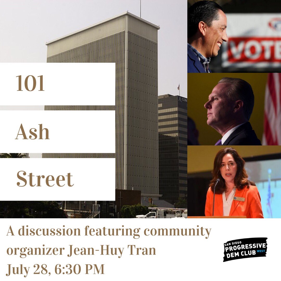 SDProgressives's tweet image. Join us for tonight’s West Chapter meeting on Zoom!

A discussion about 101 Ash Street with community organizer @jeanhuyootb. He’s here to answer a few of the following questions:

What the heck is 101 Ash Street?
Wait, EVERYONE is involved?
What’s happening??
Why should I care?