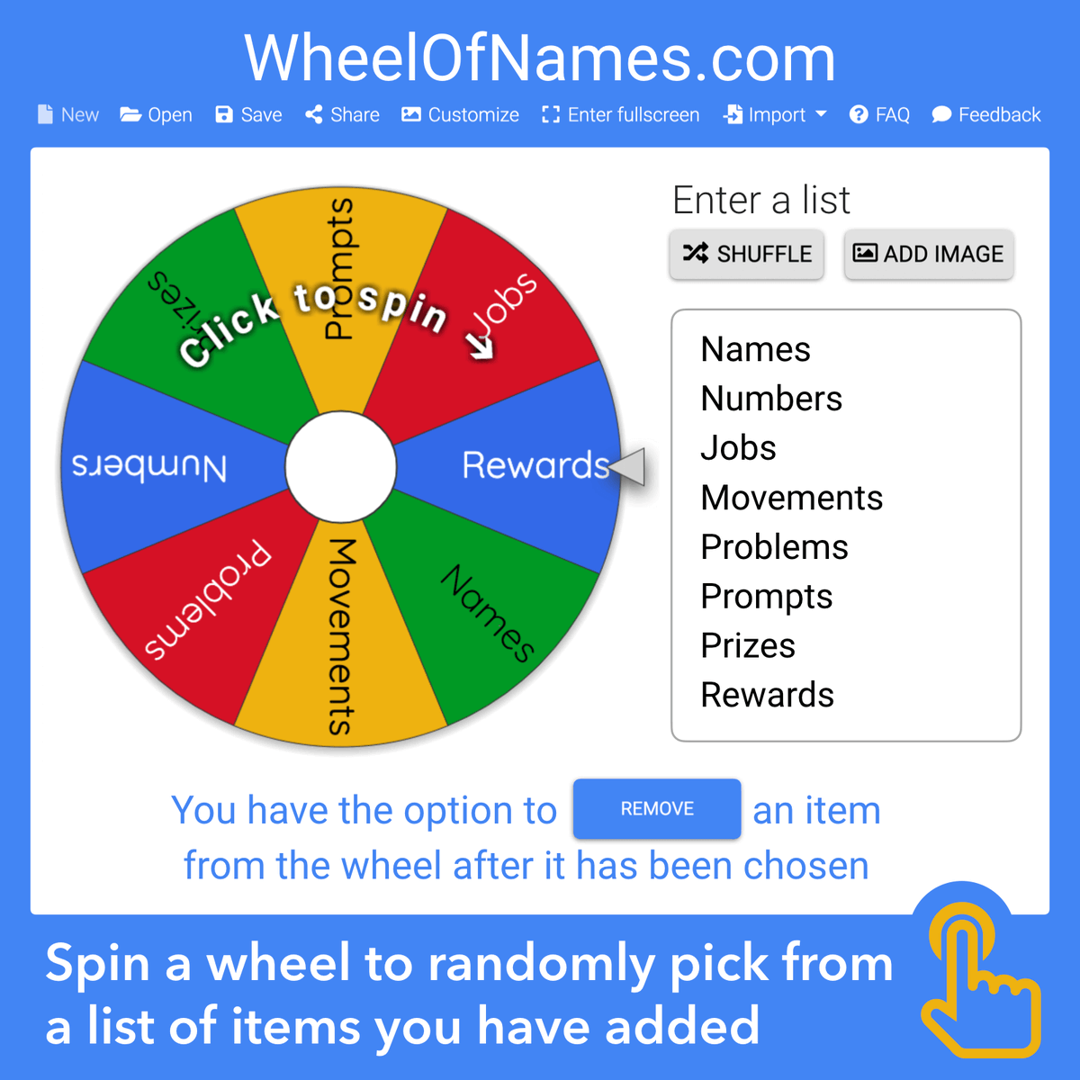 tonyvincent's tweet photo. 👥 https://t.co/TnVqRpI4E3 is my favorite random name picker. After a name is chosen, you have the option to remove the name from the wheel.

😲 You can put text, emojis, and/or images on a wheel, and you can save wheels to Google Drive. https://t.co/XanOQXKXAx