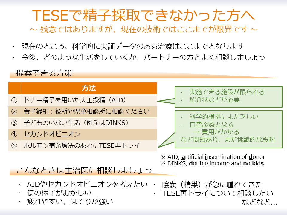 TESEで精子が取れなかった方へ

残念ですが、現時点ではこれが限界です

図に示すような方策があります
パートナーの方とよくよく、よくよーく、話し合った上で、主治医と相談するようにしましょう