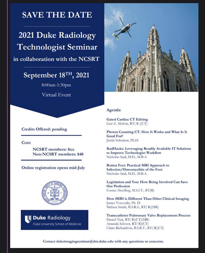 NcsrtInc's tweet photo. Registration for our virtual 2021 NCSRT/Duke Radiology seminar has begun. Register here:https://t.co/dsuAncG1Lb https://t.co/VqmX6z93De