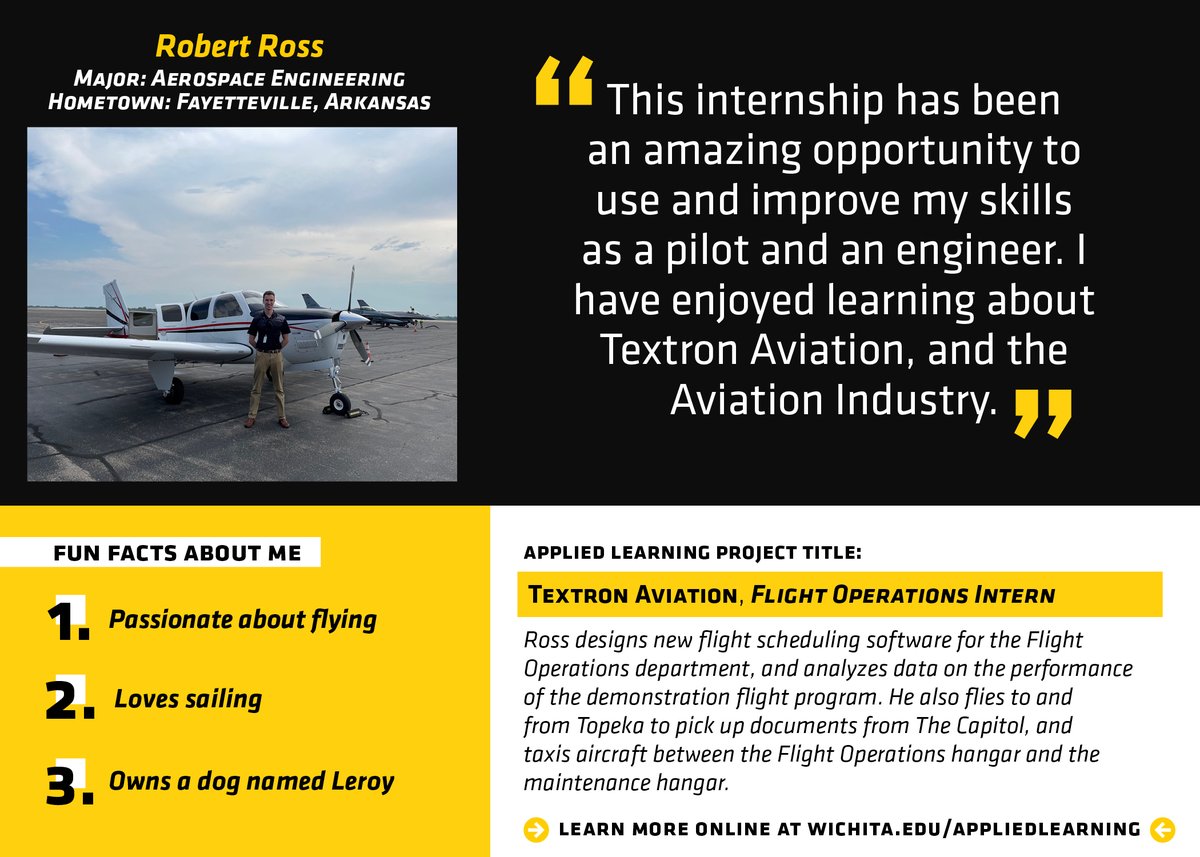 ShockerCareer's tweet image. Next, our #NationalInternWeek S/O goes to Aerospace @WSUEngineering major, Robert Ross! 👏👏👏 

🎉 Congrats on your Flight Operations Internship with @TextronAviation ✈️, this is great experience for your future career! @WichitaState #MyCareerStartsHere #WSUNow #AppliedLearning