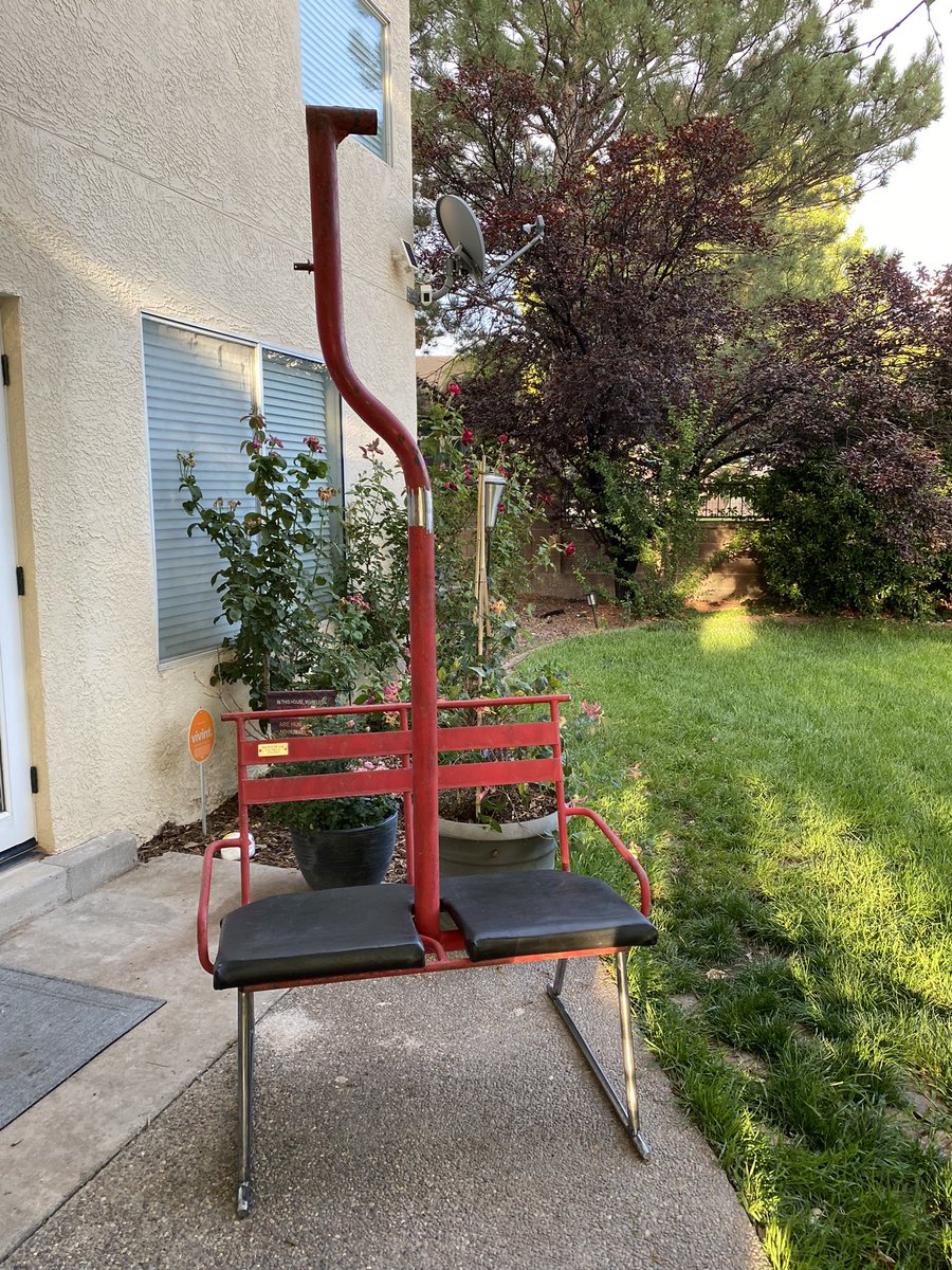 RebeccaHLatham's tweet photo. It only took 12 years & 3 moves but we FINALLY got Red Chair 13 converted into something usable! The @redriverskiarea retired the Red Chair in 2009 when the Platinum Chair was installed. Now all we need is a fresh coat of red paint and the perfect place to put it. #SkiNM https://t.co/DcIndZd4Du