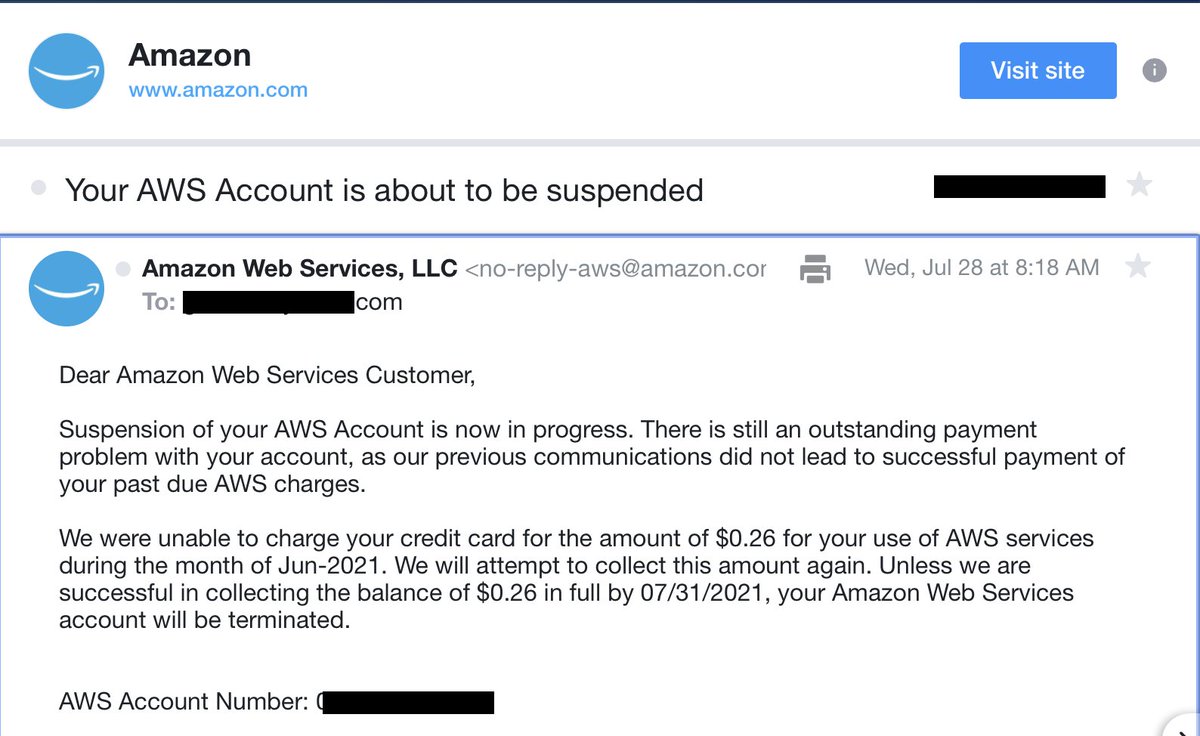 GetKeef's tweet photo. Banned by #Fascbook entirely today.

Now this charming business manner from #Amazon:

"Unless we are successful in collecting the balance of $0.26 in full by 07/31/2021, your Amazon Web Services account will be terminated."
~ Amazon 

#BraveNewLow kinda day, #SilconValley 🖕🖕 https://t.co/vwlZ6bucXt