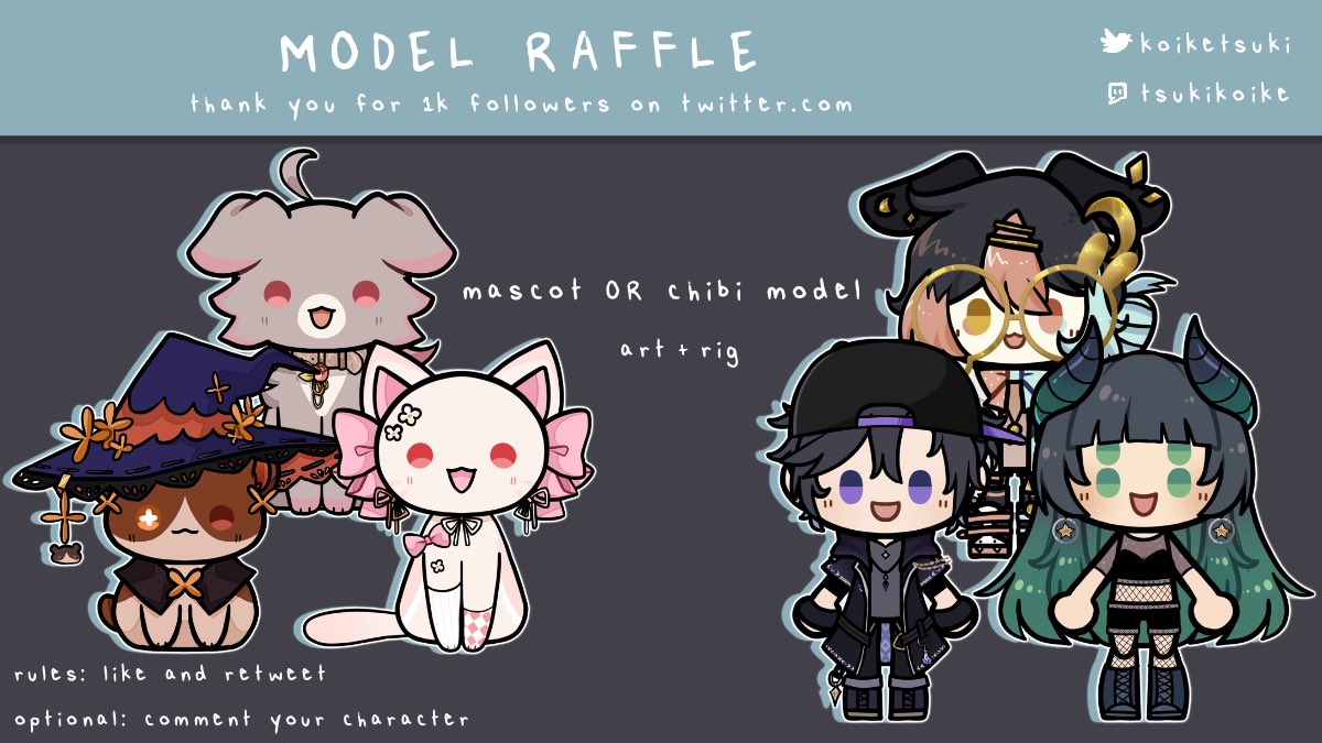 KoikeTsuki's tweet photo. MODEL RAFFLE
thank you for 1k !!

🌗 rules: like and retweet 
🐰 optional: comment your character

won’t be required to follow because i already know most people follow then unfollow after a raffle is over 😔👋

#vtuber #envtuber https://t.co/t55M9dGxkt