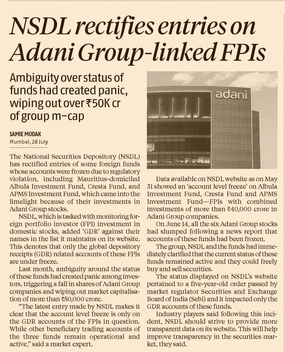 MAPATWARDHAN's tweet photo. NSDL rectifies entries on Adani Group-linked FPIs
#Adani #group #companies #listed #firms #NSDL #Depository #rectifies #Foreign #Funds #ownership #regulatory #SEBI #Mauritius #Cresta #AMPS #Albula #GDR #entries #markets @samiemodak https://t.co/tRVE0wFcvJ