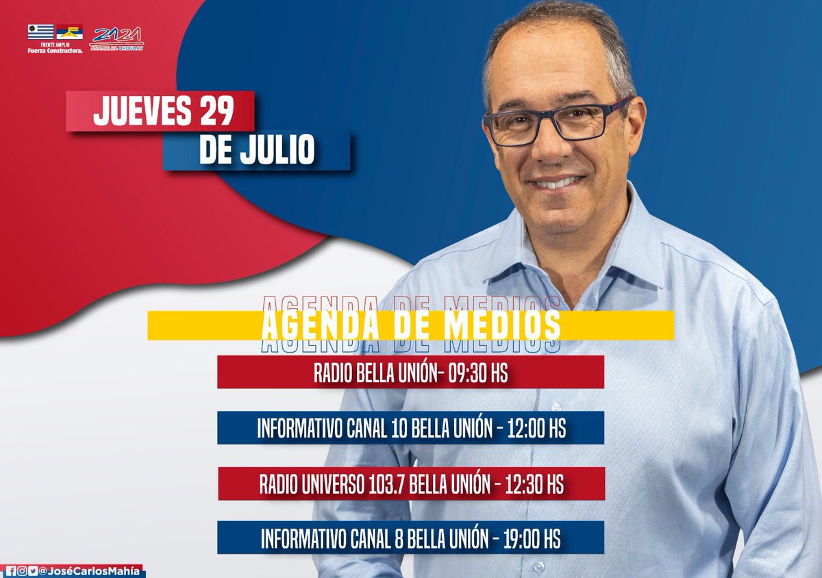 JoseCarlosMahia's tweet photo. Ya estamos en Bella Unión, esta es la agenda de medios que voy a estar haciendo mañana por acá! @Frente_Amplio @AsambleaUruguay https://t.co/iyDMHP5NSp