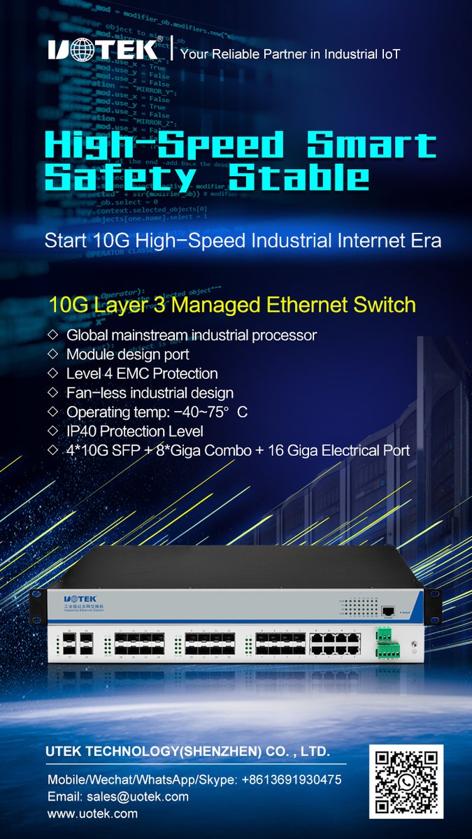 TechnologyUtek's tweet image. UTEK(UT-63424) help you to start 10G industrial internet era.  The detail is in uotek.com