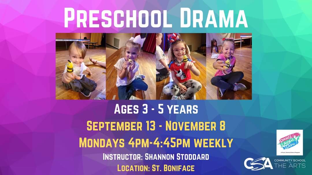 Explore the world of Creative Drama with Miss Shannon! Classes will focus on Music, Dance, Storytelling, Imagination and much more!

Instructor: Shannon Stoddard
Dates: September 13 - November 8
Day &amp; Time: Mondays 4pm-4:45pm
For Ages: 3-5 years
Tuition: $100 for the semester