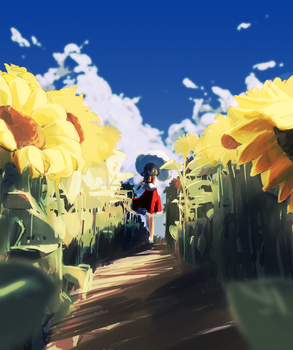 hakurei reimu 1girl solo flower umbrella sunflower sky skirt  illustration images