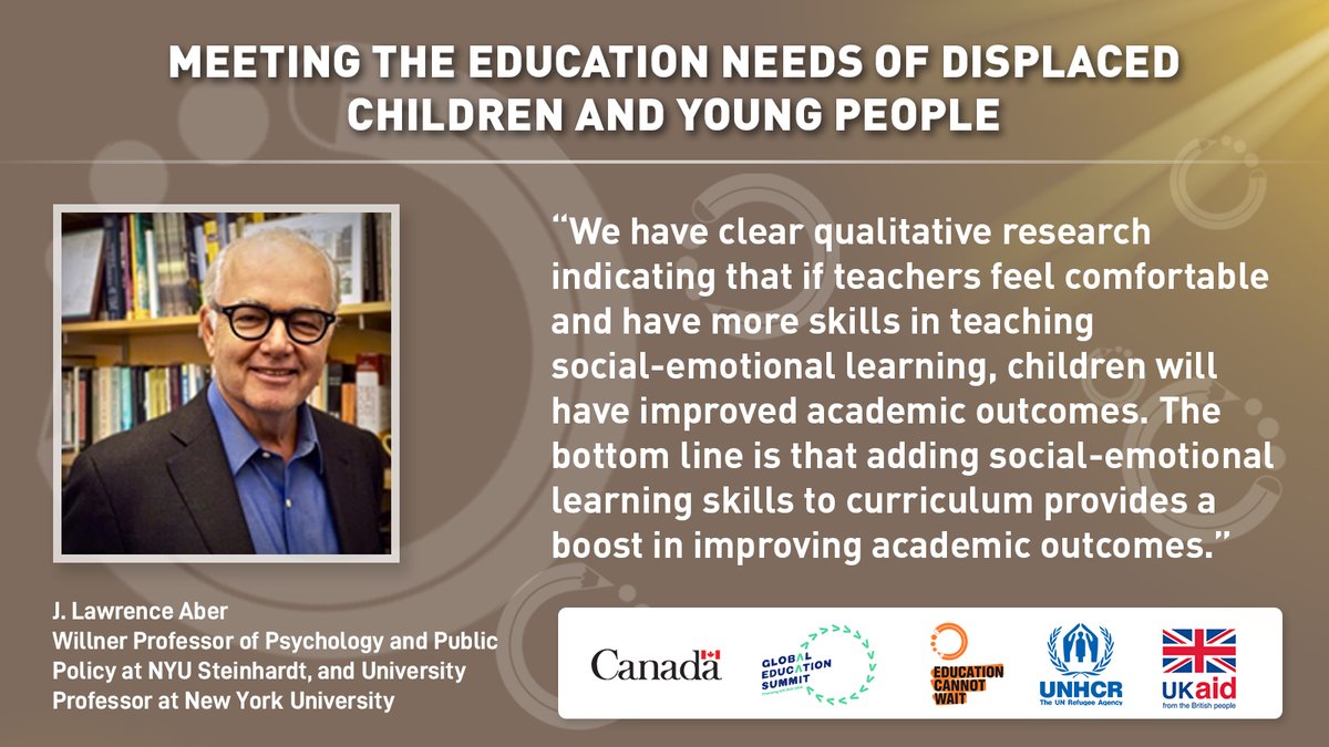 EduCannotWait's tweet photo. “We have clear qualitative research indicating that if teachers feel comfortable &amp; have more skill in teaching social-emotional learning, children will have improved academic outcomes.” ~Lawrence Aber @NYUGlobalTies 

@rescueorg @yasminesherif1 @fcdoeducation @unhcr_education @un https://t.co/pIdPP97rVm