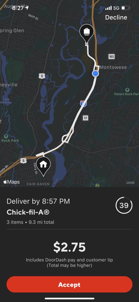 Screenshot showing a doordash order from Chik-fil-A for $2.75. The distance is 9.3 miles.