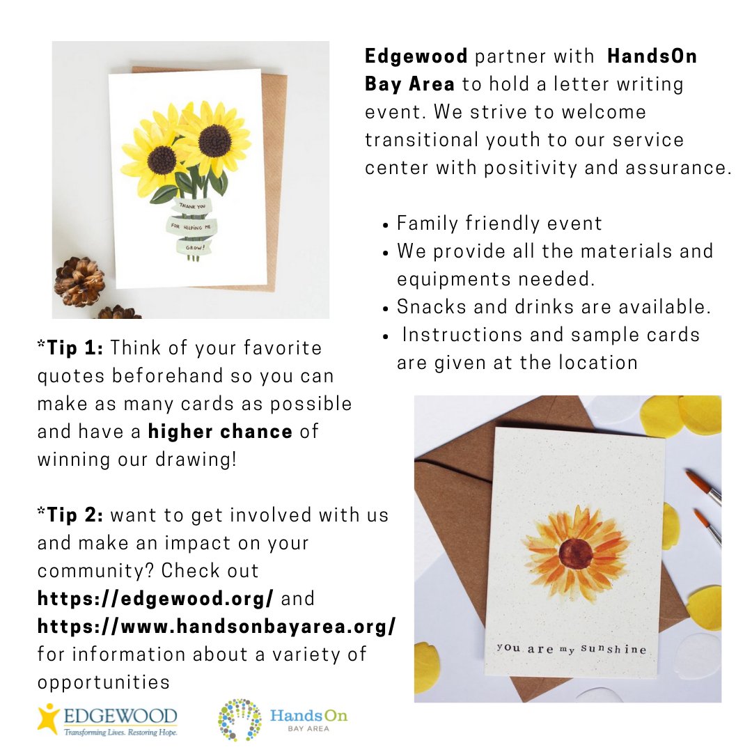 #HandsOnTomorrow invites you to an in-person project this Saturday! Volunteers will create encouraging &amp; supportive cards and banners to help create a warm and welcoming environment for transitional youth returning to the Edgewood San Bruno Drop-In center: handsonbayarea.org/opportunity/a0…
