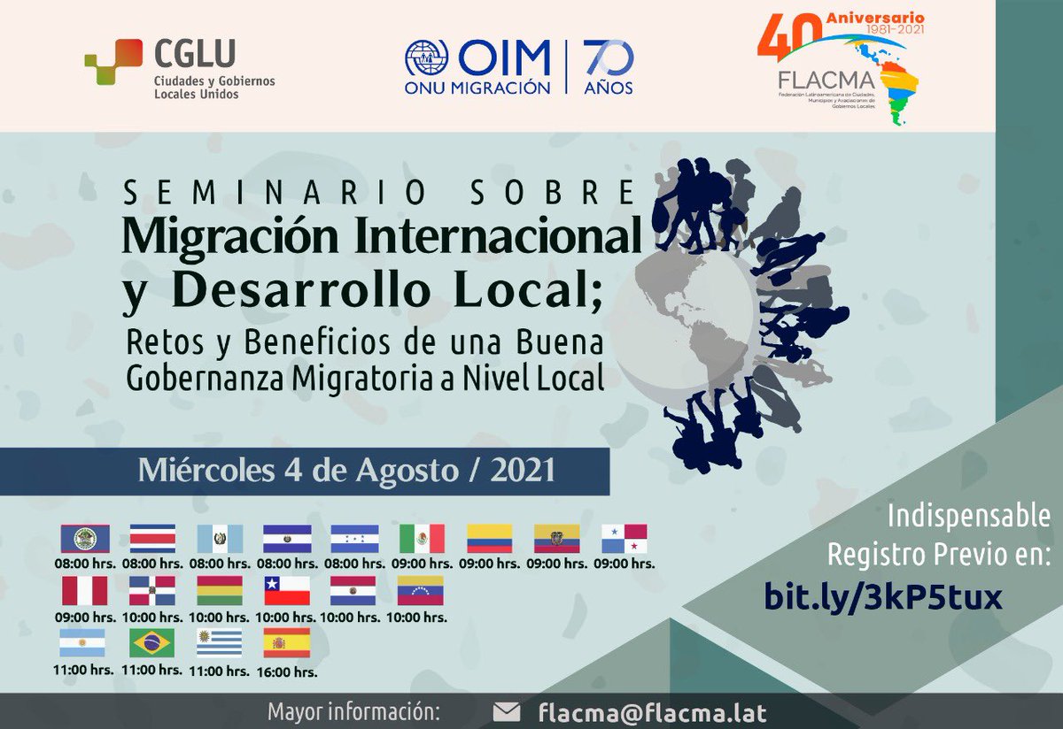 FLACMA_'s tweet image. #FLACMA, Organización Internacional para Migraciones @OIMcentroAmer y @uclg_org invitan al &amp;lt;Seminario sobre Migración Internacional y Desarrollo; retos y beneficios de una buena gobernanza migratoria a nivel local&amp;gt;

👉 Miércoles 4 de Agosto

👉 Registro: bit.ly/3kP5tux