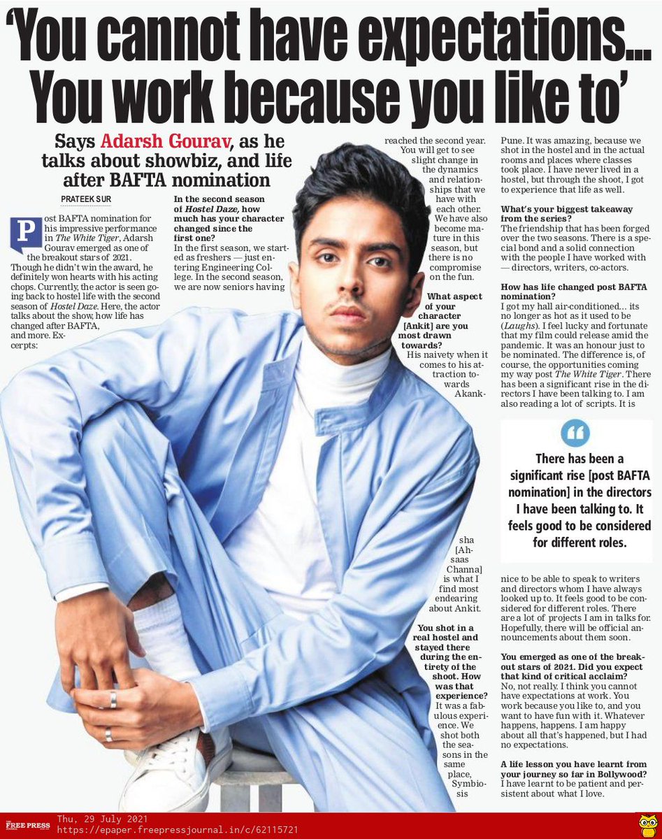 ‘You cannot have expectations': '#TheWhiteTiger' actor @_GouravAdarsh talks about showbiz, #HostelDaze2, and more By @iPrats freepressjournal.in/entertainment/…