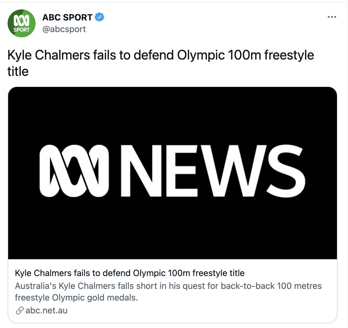 Hayley Willis (@hayley__willis) on Twitter photo Hey 
<a href="/abcsport/">ABC SPORT</a> 
 you might want to rethink this headline... 
Here's some help -
"Kyle Chalmers wins silver in Olympic 100m freestyle like a boss" #Olympics Hey 
<a href="/abcsport/">ABC SPORT</a> 
 you might want to rethink this headline... 
Here's some help -
"Kyle Chalmers wins silver in Olympic 100m freestyle like a boss" #Olympics