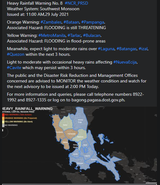 dost_pagasa's tweet photo. Heavy Rainfall Warning No. 8 #NCR_PRSD
Weather System: Southwest Monsoon
Issued at: 11:00 AM,29 July 2021 https://t.co/VXXQLLQL9G