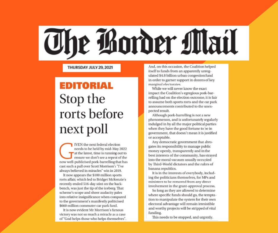 helenhainesindi's tweet photo. What an important and timely editorial from the @bordermail.
It IS time to stop the rorts before the next election and my Australian Federal Integrity Commission Bill would do just that.
#Integritycantwait https://t.co/SqeAyWsCN2