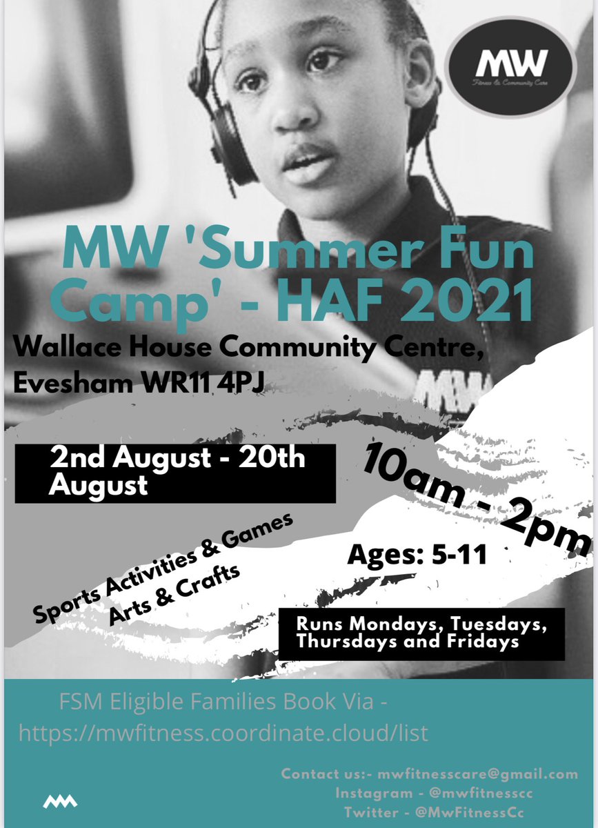 MWIMPACT's tweet image. Come and join us at our @worcscc MW ‘Summer Fun Camp’ at Wallace House Community Centre - Evesham. Book via mwfitness.coordinate.cloud/list 
We can’t wait to see you all there!! #mwfcc #HAF2021 #sports #games #artsandcrafts #evesham #Worcestershire
