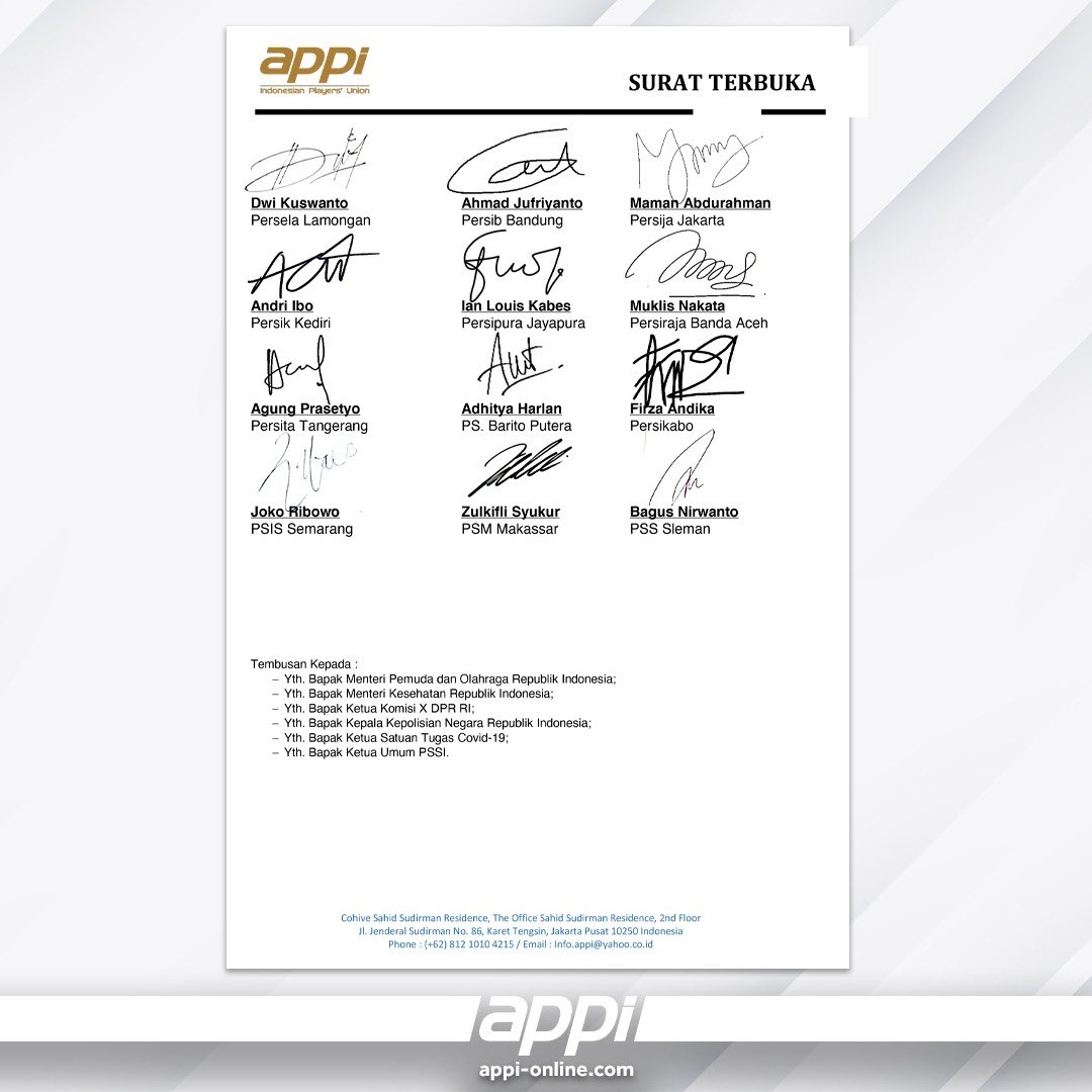 Surat Terbuka Untuk Bapak Presiden Joko Widodo.

Dari kami, Pecinta Sepakbola Indonesia, yang merindukan aksi Bapak Presiden menendang Kick Off Pembukaan Liga.

#KamiSiapNontonDariRumah #KamiSiapDukungDariRumah
#PesepakbolaBersatu
#SupporterBersatu