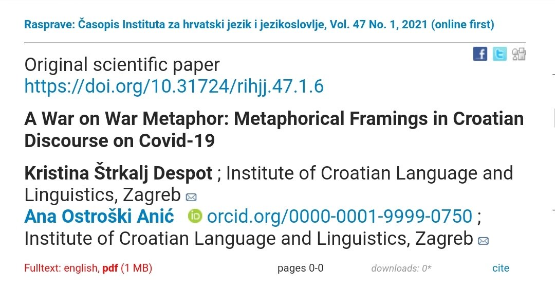 Our new paper describes how Covid-19 is metaphorically framed in Croatian media discourse. All examples are taken from the corpus compiled within the <a href="/hrzz_science/">Croatian Science Foundation</a> DIKA project.
#linguistics #metaphors #COVID19
