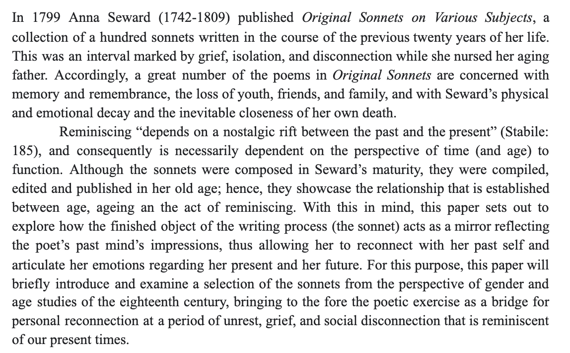 ProjectWink's tweet photo. Today you can catch our predoc @francesblase at
@BARS_official 's Romantic Disconnections/Reconnections conference talking about old-age, self-presentation, and memory and remembrance in Anna Seward's Original Sonnets! 👵 #AgeStudies #OldAgeStudies https://t.co/uZc1fxK5Ae