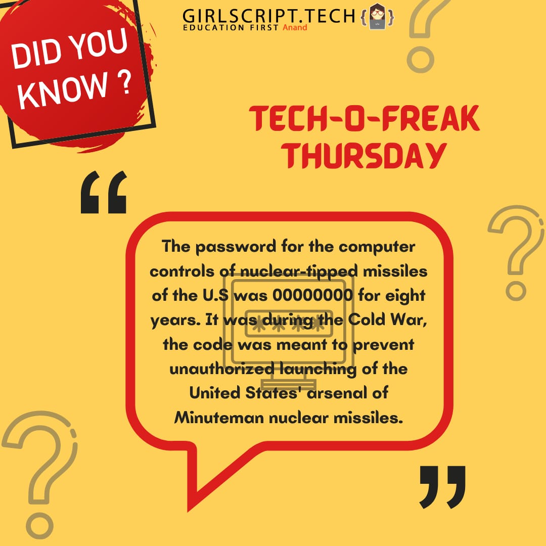 GirlscriptAnand's tweet image. The password for the computer controls of nuclear-tipped missiles of the U.S was 00000000 for eight years. 

Follow @GirlscriptAnand for more such techfacts.....

#girlscript #girlscriptfoundation #girlscriptanand #technology #techfacts #facts #thursday #techofreakthursday
