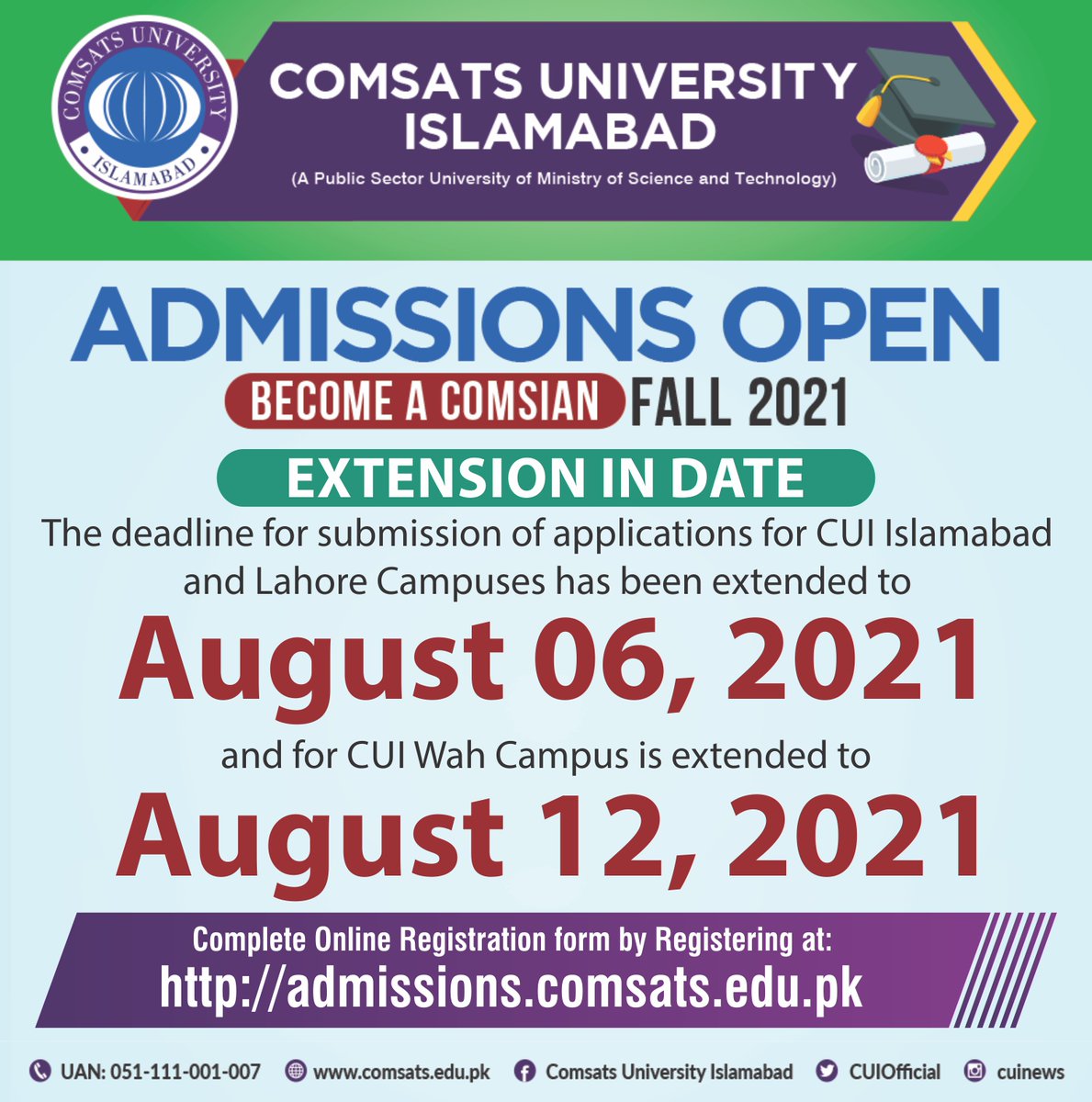 CUIofficial's tweet photo. Dear Candidates, last date for submission of application is extended for your convenience. You can  submit application without worrying about the deadline. Apply now at our admissions website https://t.co/vfYZ8sLRd4 and get yourself registered. #admissionsopen #cuinews #comsats https://t.co/sTFxkpafRH