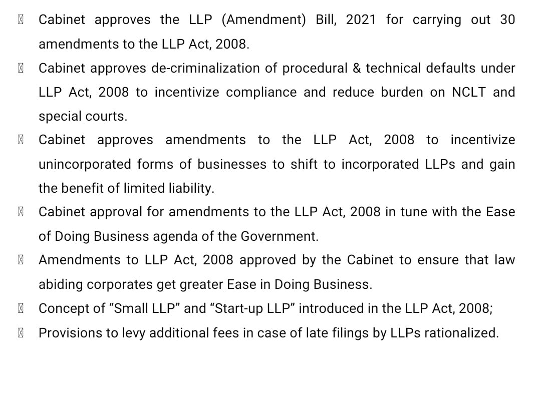 theicai's tweet photo. ICAI endorses &amp; supports #CabinetDecisions to approve the 30 amendments to LLP Act 2008 through the LLP (Amendment) Bill 2021 which will provide more traction &amp; pace to #easeofdoingbusiness policy. 
@nsitharaman @nsitharamanoffc @PiyushGoyal @Rao_InderjitS @MIB_India @EODB_India https://t.co/JJX7qflDmo