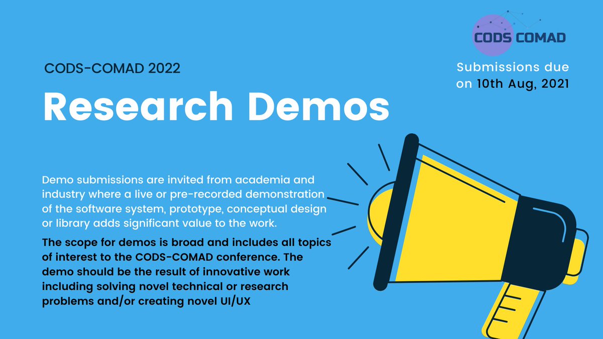 CODS (@ikddcods) on Twitter photo Demo submissions at CODS-COMAD 2022 are due on 10th August, 2021. Submit your innovative work that solves novel technical or research problems and/or creating novel UI/UX.
<a href="/DasguptaGargi/">Gargi DasGupta</a> <a href="/dreamlabin/">Yogesh @ DREAM:Lab</a> <a href="/alpanrav/">Alpan Raval</a>
More details: lnkd.in/gtHNdCU Demo submissions at CODS-COMAD 2022 are due on 10th August, 2021. Submit your innovative work that solves novel technical or research problems and/or creating novel UI/UX.
<a href="/DasguptaGargi/">Gargi DasGupta</a> <a href="/dreamlabin/">Yogesh @ DREAM:Lab</a> <a href="/alpanrav/">Alpan Raval</a>
More details: lnkd.in/gtHNdCU