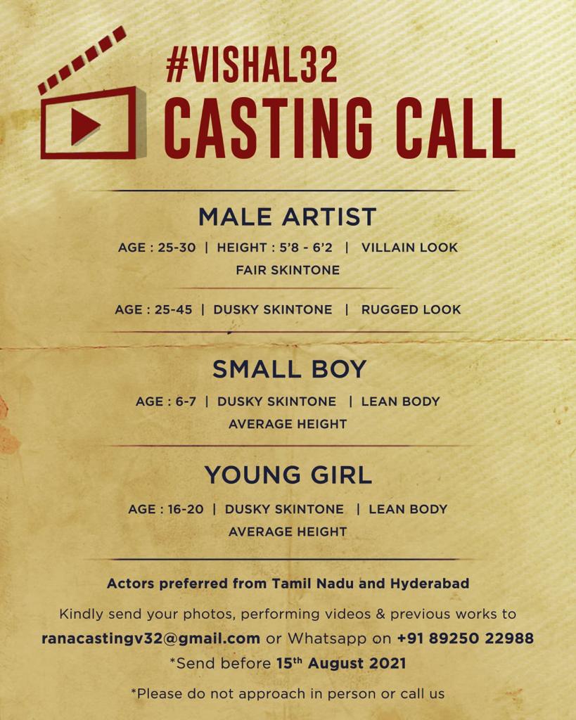RANAPRODUCTION_'s tweet photo. Casting Call For #Vishal32 Film 

@VishalKOfficial @a_vinoth_kumar @nandaa_actor @actorramanaa @HariKr_official @johnsoncinepro @baraju_SuperHit @ajay_64403 @VISHAL_SFC #Vishal https://t.co/XTLv5CZ3AW