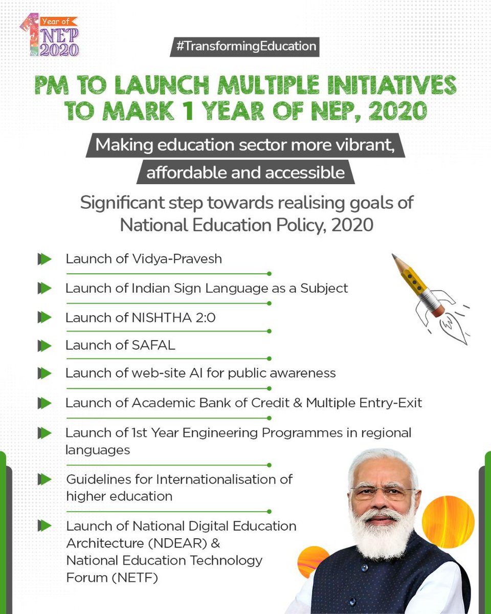 At 4:30 PM today, I would be taking part in an interesting programme in which we will mark one year of the National Education Policy and add momentum to the efforts towards #TransformingEducation. Key initiatives relating to NEP will be launched. 

pib.gov.in/PressReleseDet…