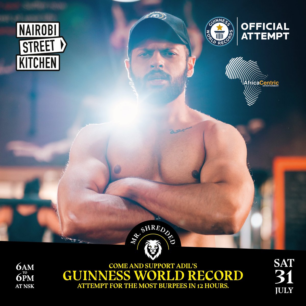 Mohammad Adil will be attempting to break the Guinness World Record for the most burpees in 12 hours at #NairobiStreetKitchen this Saturday, 31st July. Come support him and let’s witness this historic moment together!