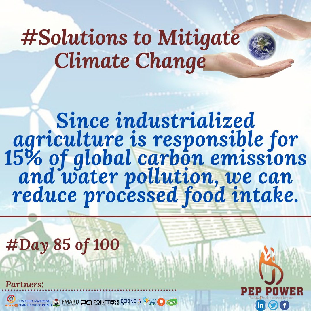 pep_power's tweet photo. ♻️ Solutions to mitigate climate change ♻️
🌴Day 85/100🌳
"Since industrialized agriculture is responsible for 15% of global carbon emissions and water pollution, we can reduce processed food intake"
#Fact #Environment #PepWorkshop #Impact #ClimateChange #Solutions @FmardNg https://t.co/2WF0MxcueH