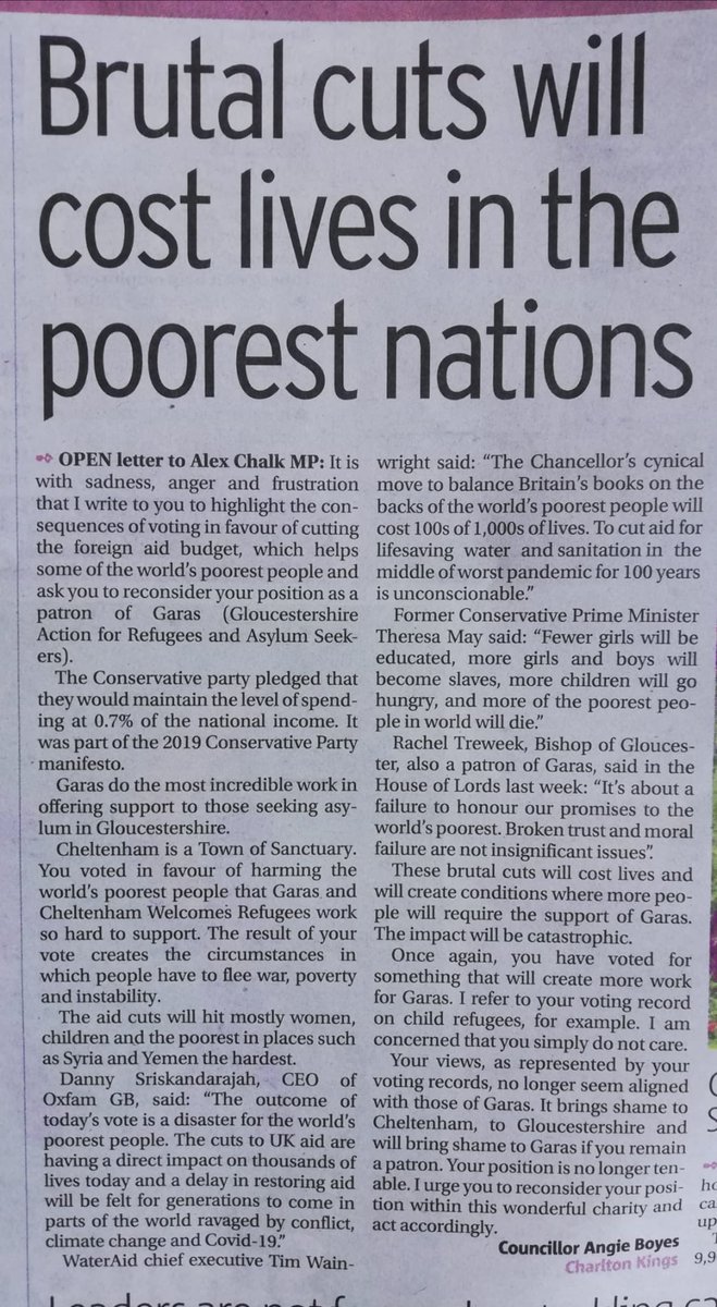 angieboyes's tweet photo. Brutal #foreignaidcuts will cost LIVES & break promises made to some of poorest in the world. My letter published in #Gloucestershire Echo today calling on @AlexChalkChelt to consider his position as a Patron of local refugee charity #UKAidCuts https://t.co/5qJ87bKs9Y