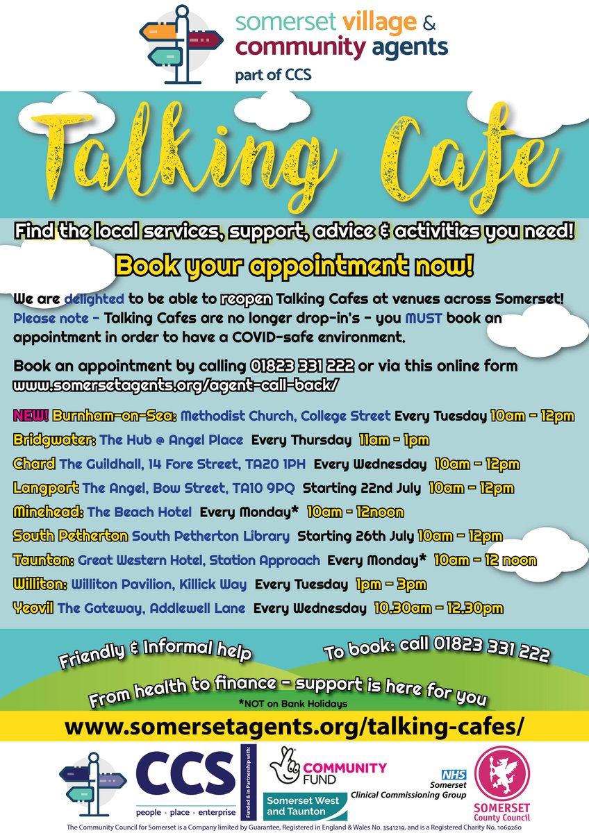 Do you have a problem &amp; don't know where to turn? 

Book an appointment with a Village Agent at a Talking Cafe for 1:1 support at: 

Bridgwater, Burnham, Chard, Langport, Minehead, South Petherton, Taunton, Williton &amp; Yeovil

somersetagents.org/talking-cafes/ 

Call 01823 331 222 to book