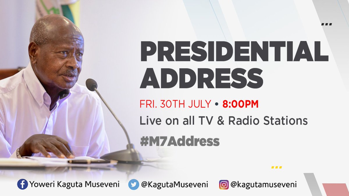 Fellow Countrymen, Countrywomen, and Bazukulu,  I will address the country on Friday the 30th July at 8:00pm. I have asked that the address be broadcast on the different TVs and Radio stations for your convenience. Please ensure that you tune in.