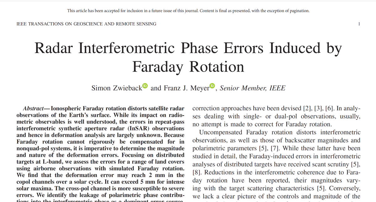 Franz J Meyer (@sarevangelist) on Twitter photo 🗞️Hot off the press🗞️
Our <a href="/uafairbanks/">UA Fairbanks</a> paper on "Radar Interferometric Phase Errors Induced by Faraday Rotation" just appeared in <a href="/IEEE_GRSS/">IEEE Geoscience and Remote Sensing Society</a> TGRS. Check it out!
🔗: ieeexplore.ieee.org/document/94973…
#GoldenAgeOfSAR 🗞️Hot off the press🗞️
Our <a href="/uafairbanks/">UA Fairbanks</a> paper on "Radar Interferometric Phase Errors Induced by Faraday Rotation" just appeared in <a href="/IEEE_GRSS/">IEEE Geoscience and Remote Sensing Society</a> TGRS. Check it out!
🔗: ieeexplore.ieee.org/document/94973…
#GoldenAgeOfSAR