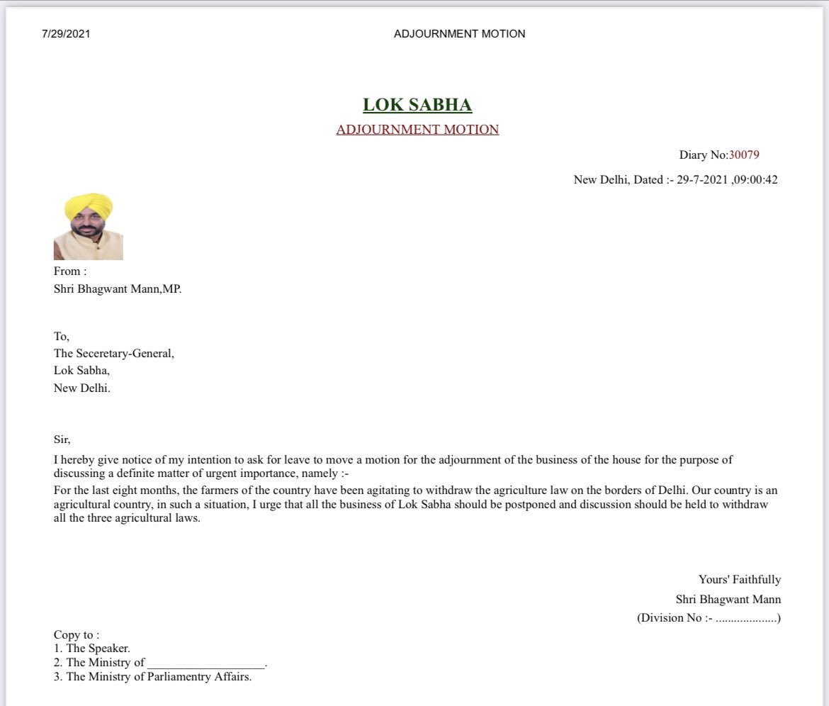 AAPPunjab's tweet photo. AAP MP @BhagwantMann moves Adjournment Motion for the 8th times in Lok Sabha.

Seeks discussion for repeal of Three Anti-farm laws. 

AAP is vehemently opposing it. https://t.co/BWUJt5DDPi