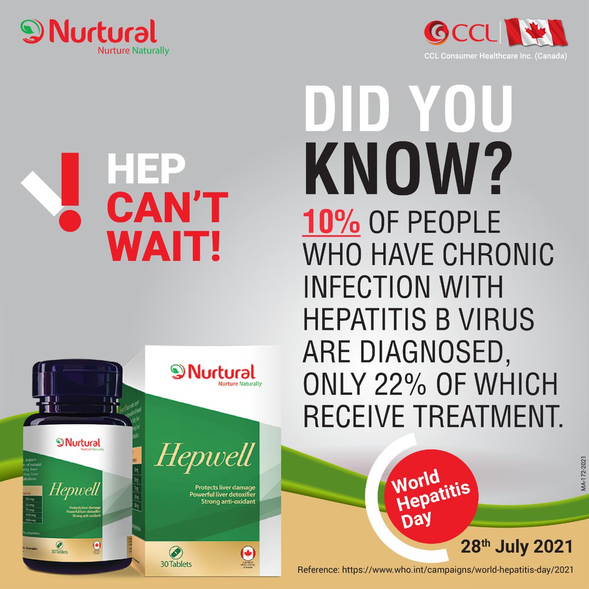 NurturalCanada's tweet photo. Almost 90% of people living with viral Hepatitis are unaware they have it. 

#HepatitisCantWait #Nurtural #TheNaturalWay  #WorldHepatitisDay #WorldHepatitisDay https://t.co/gKwoCYkJPg