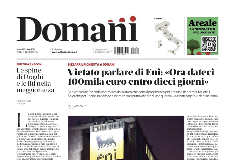 Gia prevedo quanta solidarietà riceveremo da colleghi che con i soldi dell’Eni tengono in piedi i bilanci dei loro gruppi editoriali… in Italia su Eni si possono scrivere solo articoli che riprendono le argomentazioni degli avvocati Eni o i comunicati stampa di Eni